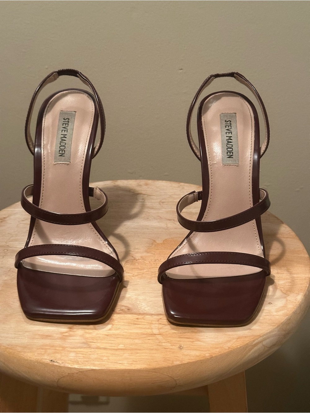 Steve Madden Brown Leather Triple-Strap Square-Toe Heels